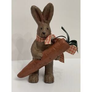 Vintage Textured Paper Mache Look Ceramic Bunny Rabbit Carrot Easter Decor